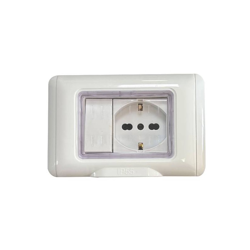 KIT PLACCA STAGNA IP55 CON PRESA UNIVERSALE E UN INTERRUTTORE UNIPOLARE